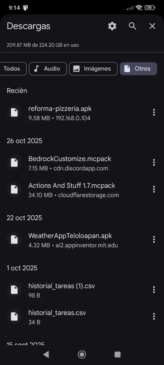 Carpeta de descargas mostrando el archivo reforma-pizzeria.apk