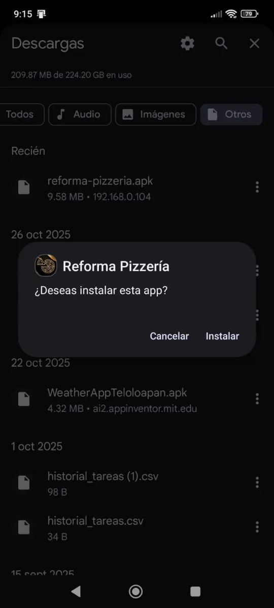 Diálogo de Android preguntando si deseas instalar la app Reforma Pizzería